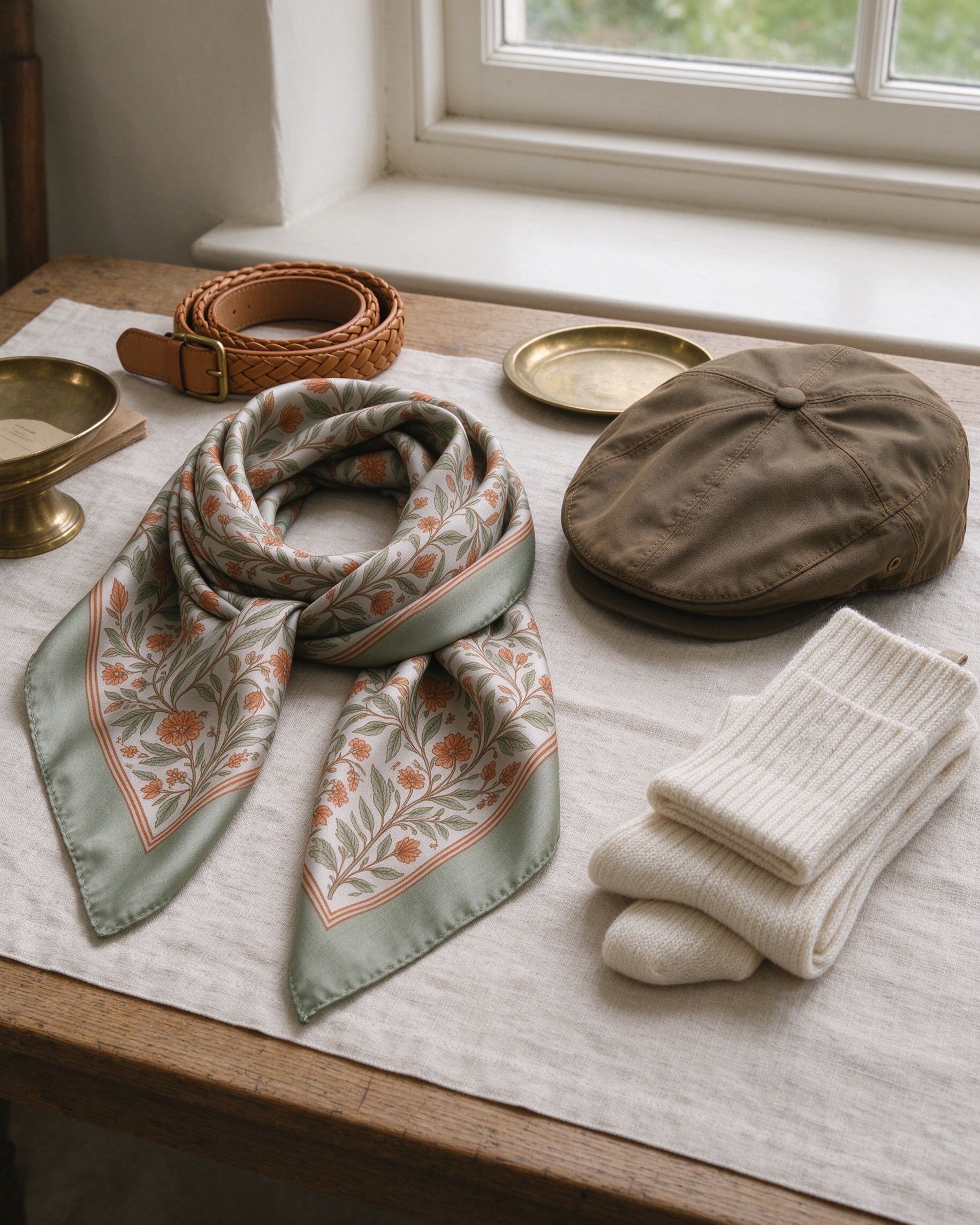 Still life of a botanical-print scarf, braided leather belt, flat cap and socks on a linen table