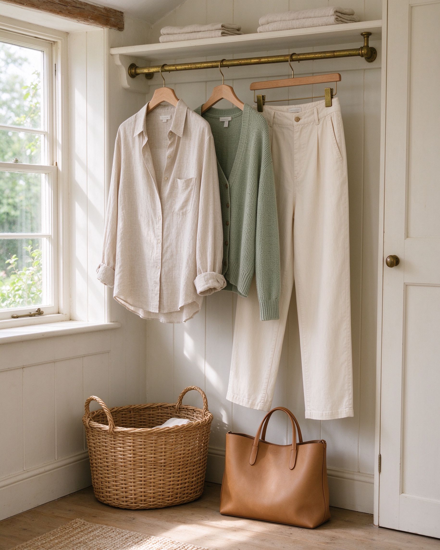 Curated wardrobe rail with an oat linen shirt, sage cardigan and cream trousers in a cottage interior