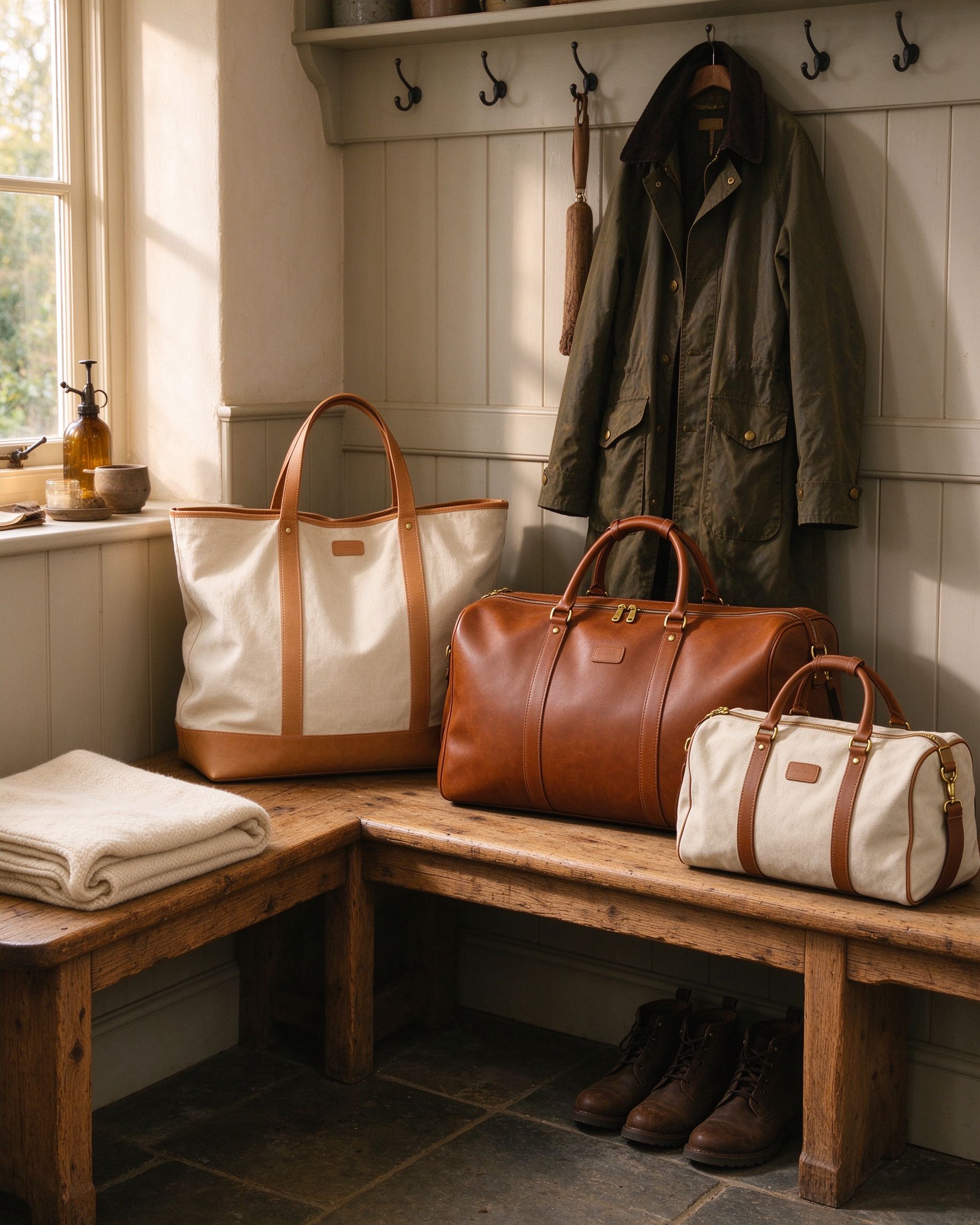 Canvas tote, leather-trimmed weekender and cotton duffel arranged on a rustic oak bench