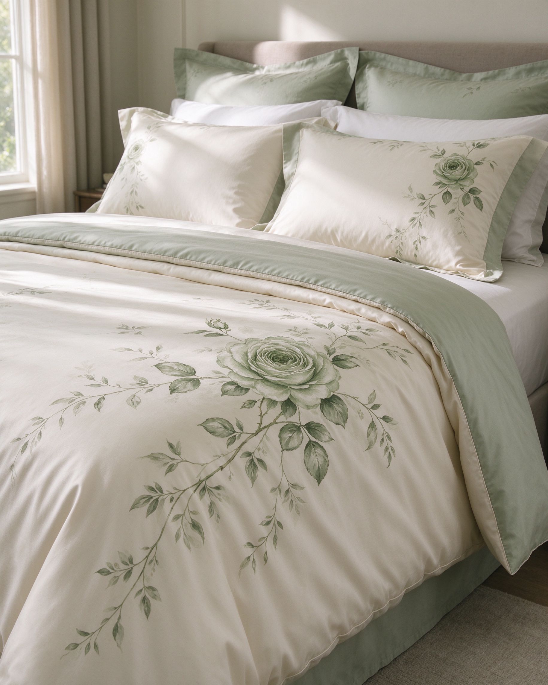 English country duvet cover set with sage-green garden rose print on cream cotton sateen