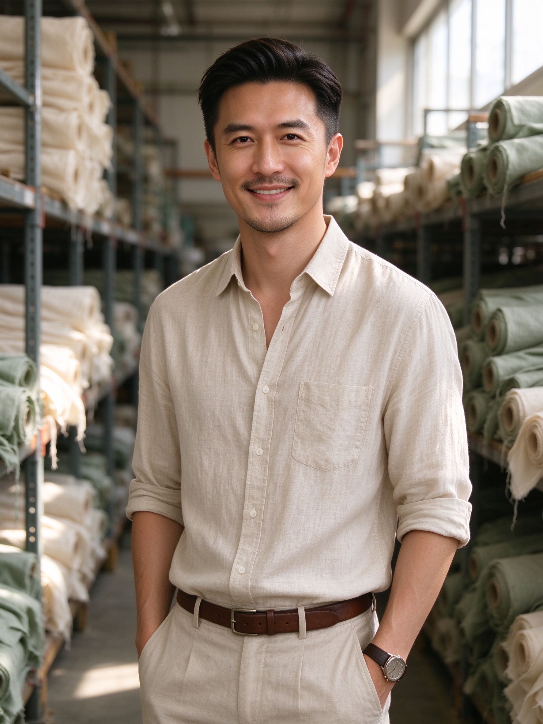Alan Hao, founder of HAONGAN LTD, standing in a sunlit warehouse aisle among fabric rolls
