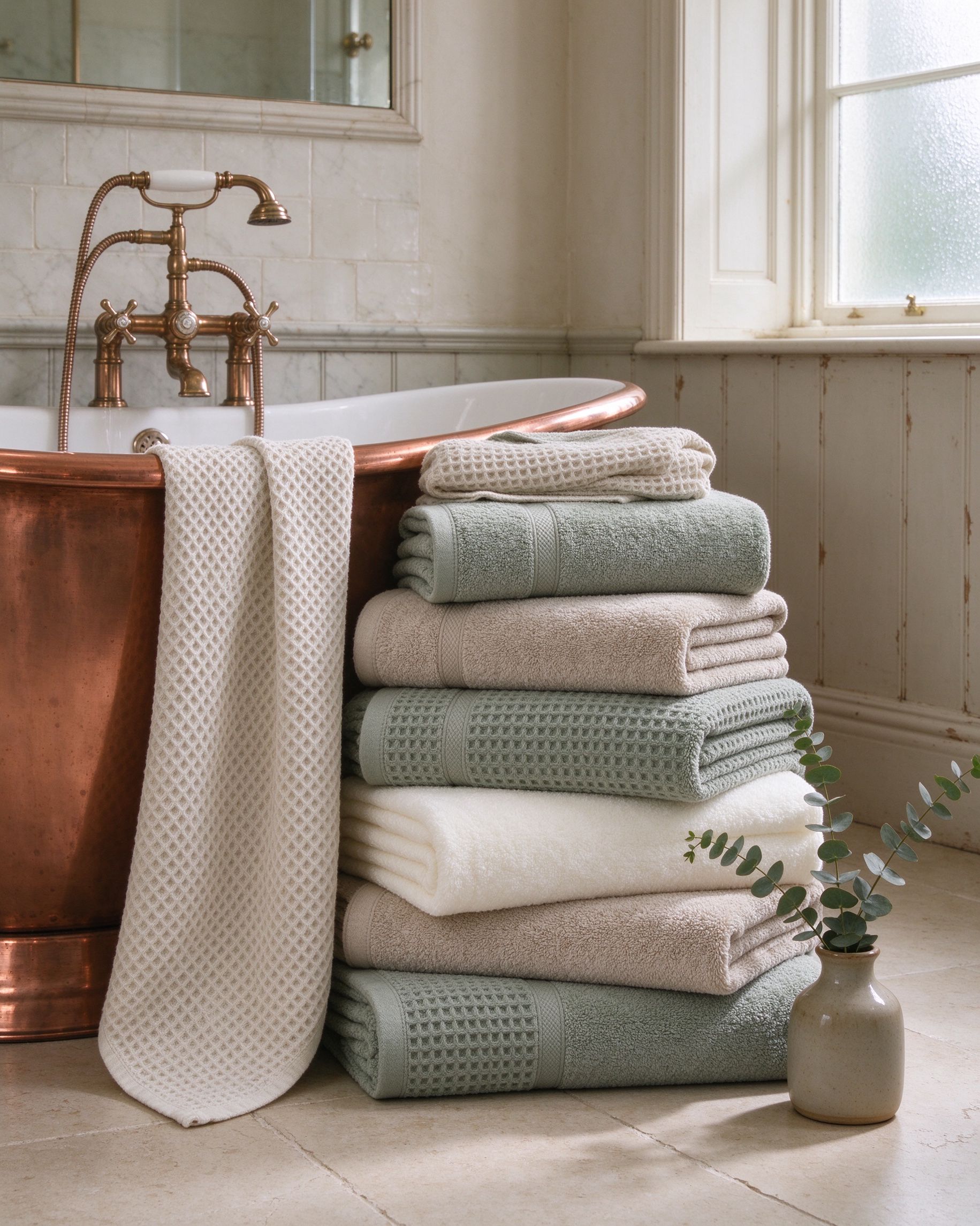 Stacked luxury cotton towels in sage, oat and cream tones beside a copper bathtub