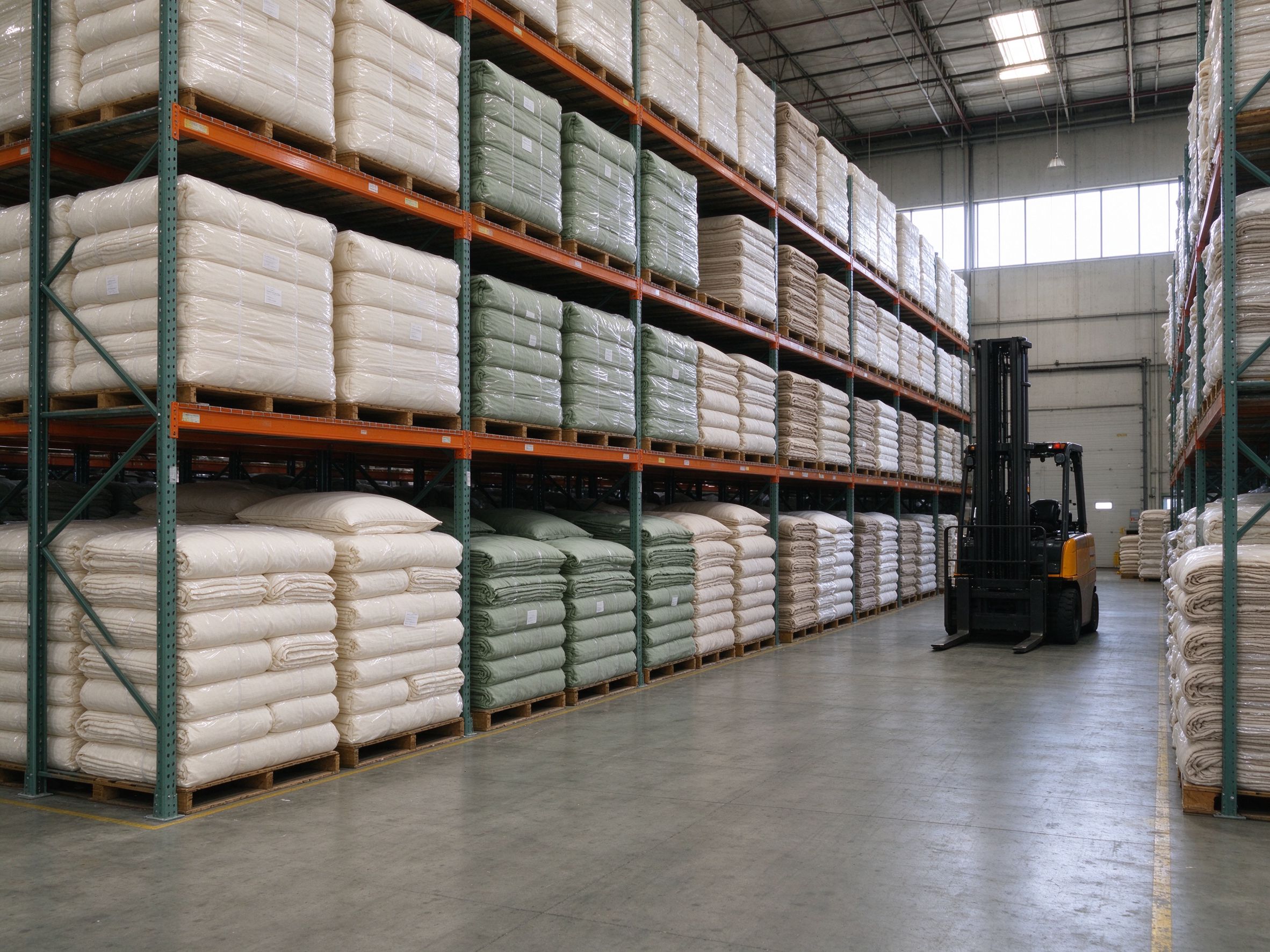 Tidy pallet racks with wrapped textile bales in a bright California warehouse